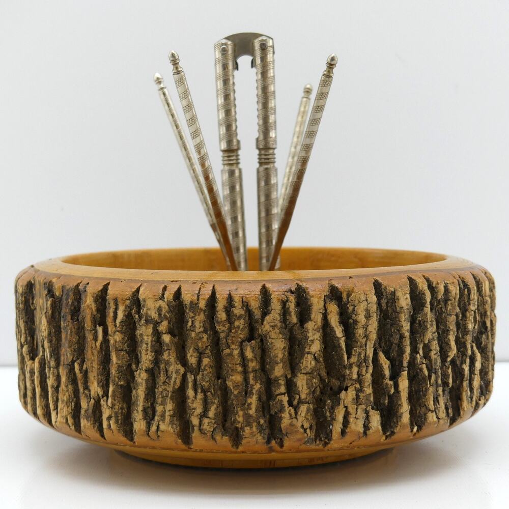 Vintage Rustic Bark Wood Nut Bowl Set w/ 7 Picks & 2 Crackers Cabin Decor